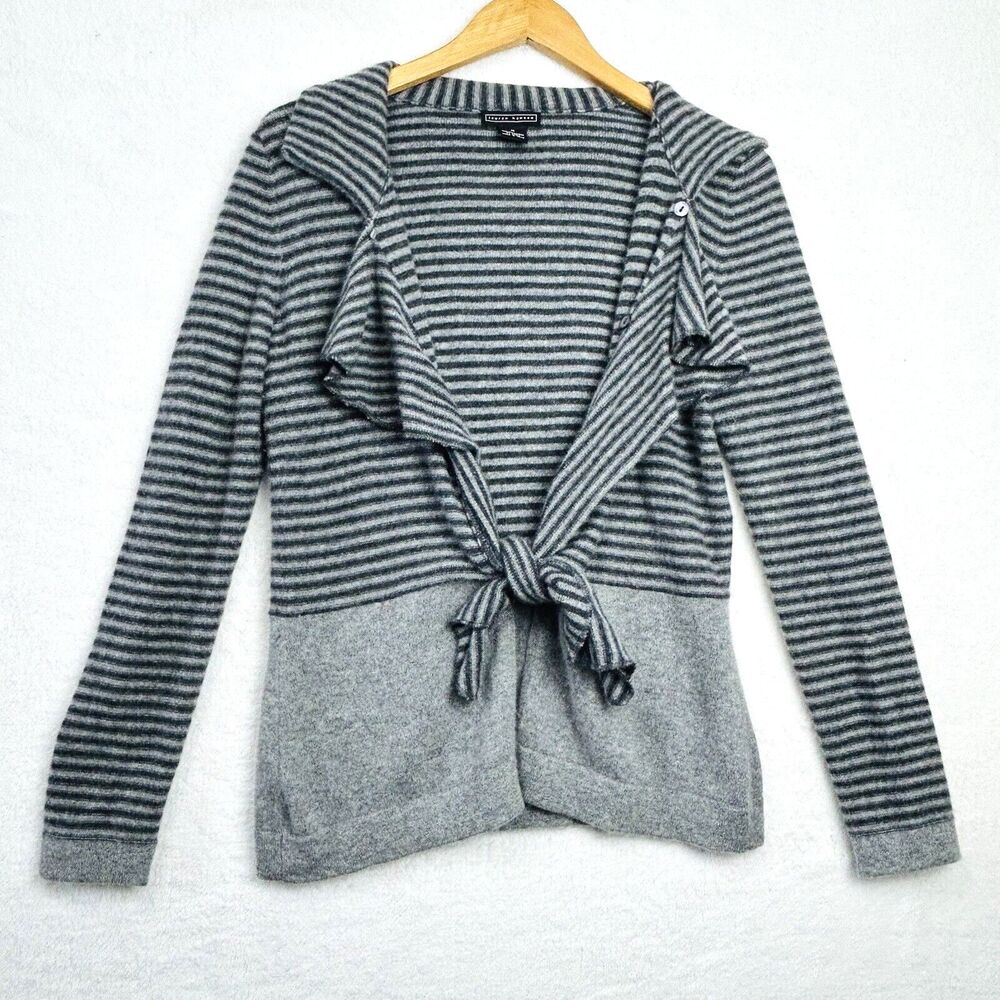 100% Cashmere Striped Sweater Medium Lauren‎ Hansen Long Sleeve Cardigan Gray
